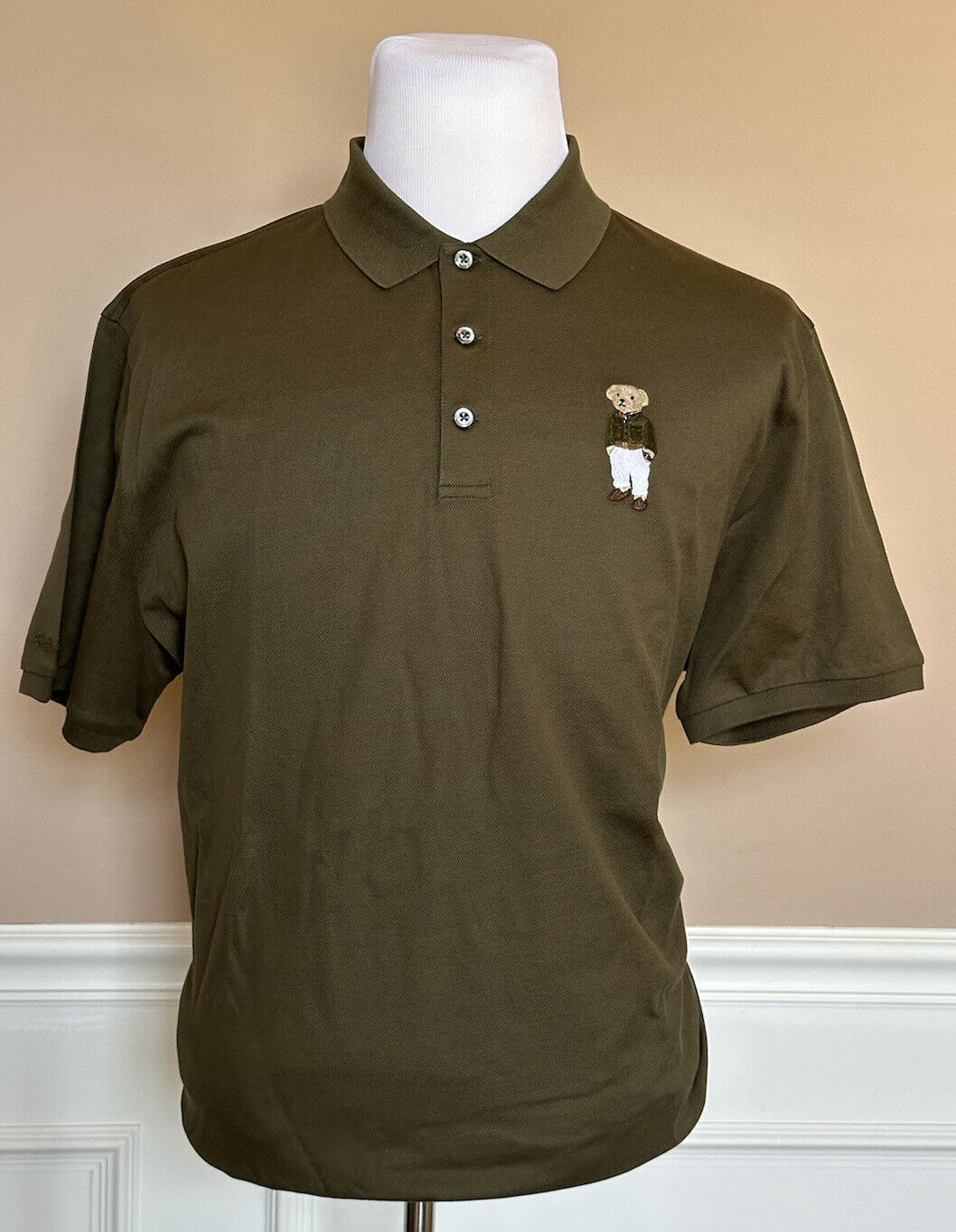 NWT $425 Ralph Lauren Purple Label Bear Cotton Olive Polo Shirt 2XL Italy