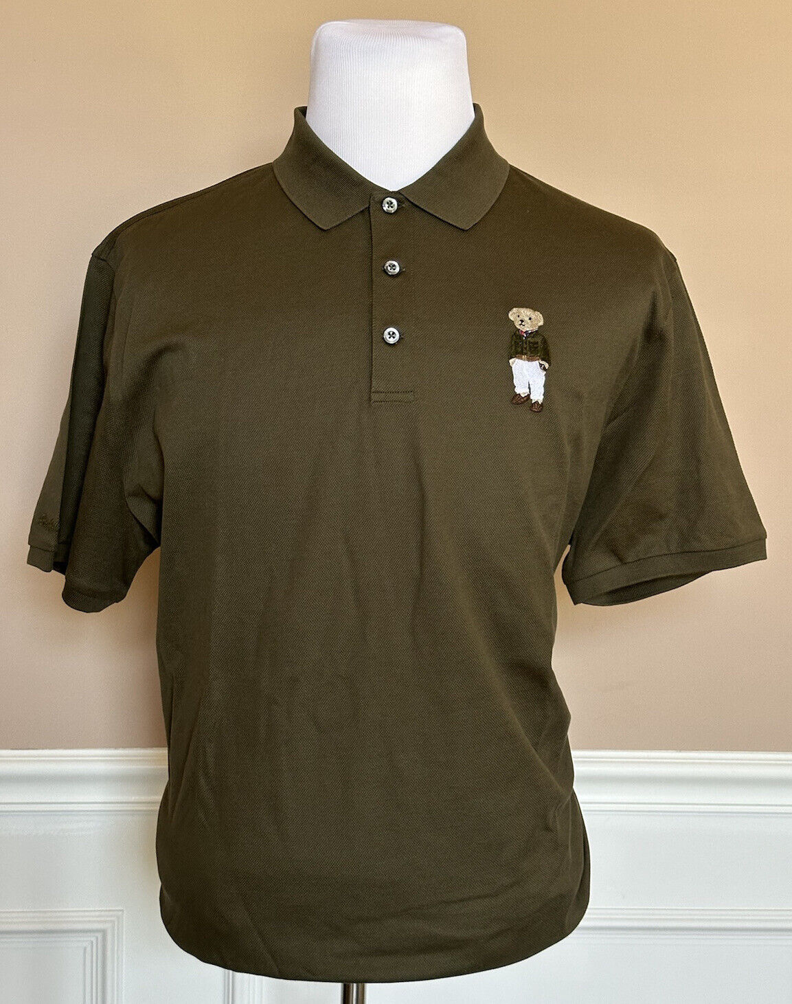 NWT $425 Ralph Lauren Purple Label Bear Cotton Olive Polo Shirt 2XL Italy