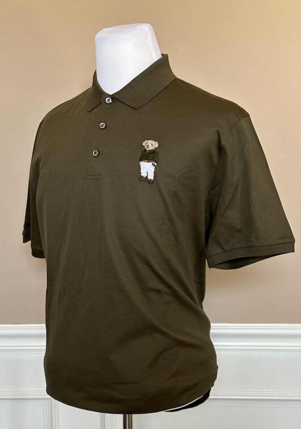 NWT $425 Ralph Lauren Purple Label Bear Cotton Olive Polo Shirt 2XL Italy