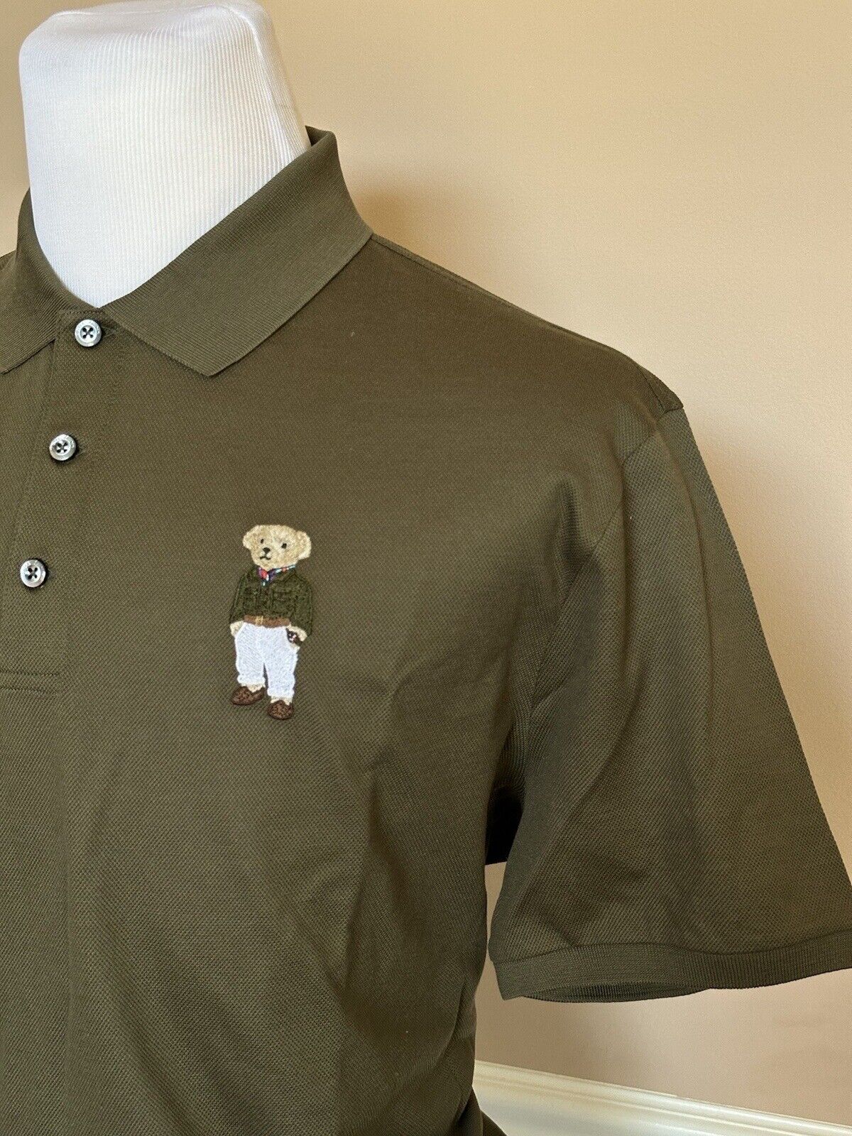 NWT $425 Ralph Lauren Purple Label Bear Cotton Olive Polo Shirt 2XL Italy