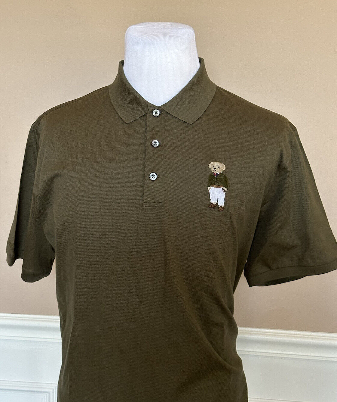 NWT $425 Ralph Lauren Purple Label Bear Cotton Olive Polo Shirt 2XL Italy