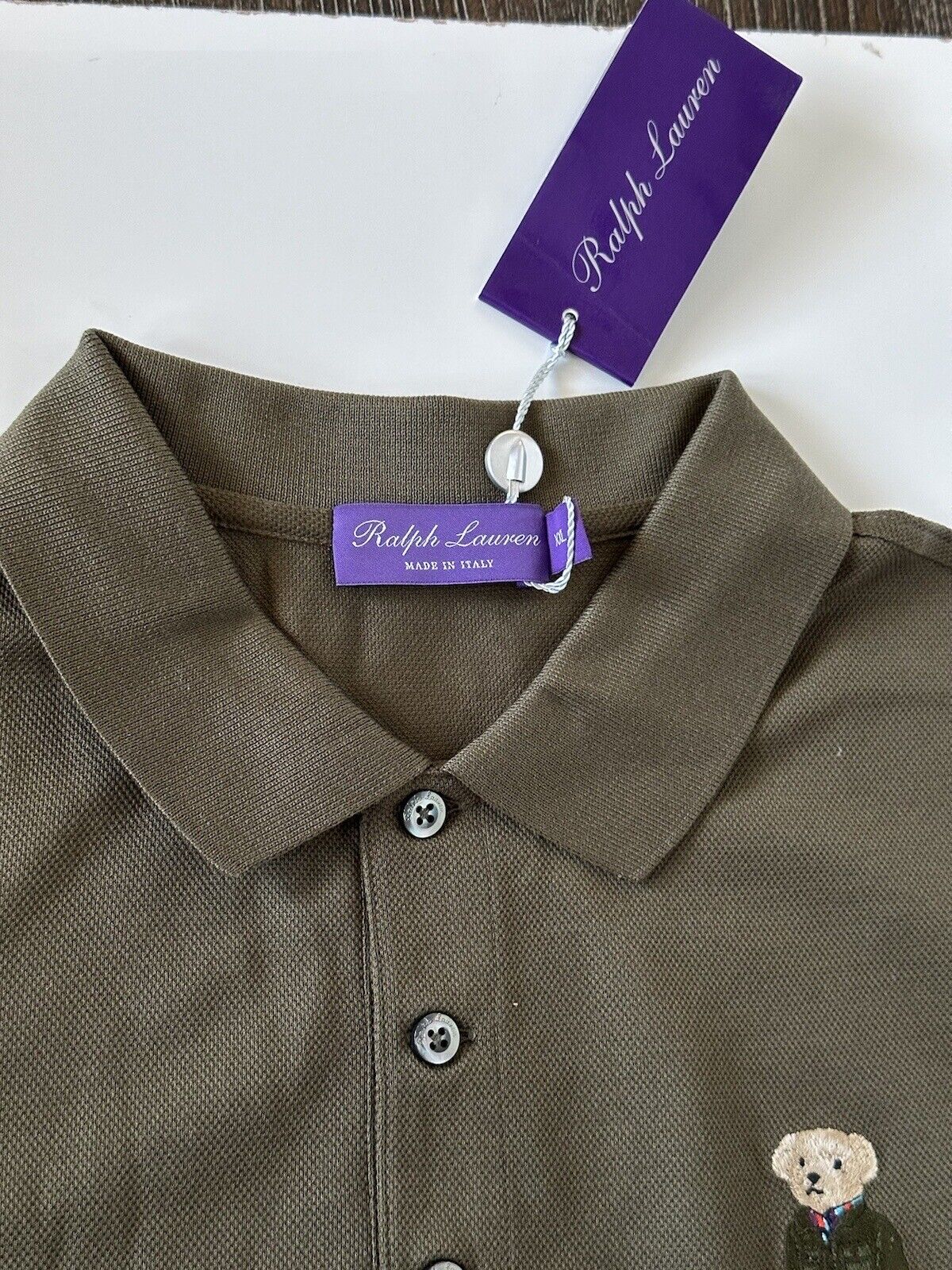 NWT $425 Ralph Lauren Purple Label Bear Cotton Olive Polo Shirt 2XL Italy