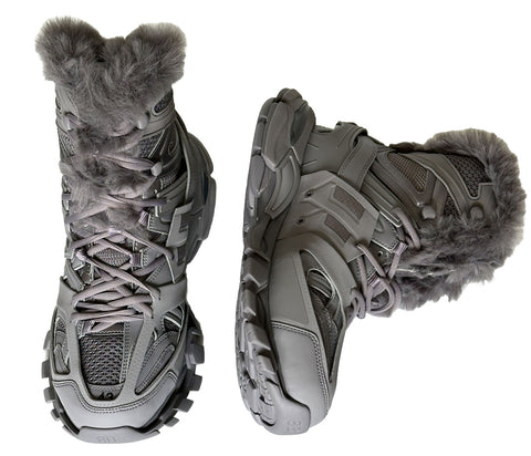 NIB $1490 Balenciaga Men's Track Hike Faux Fur-Lined Grey Sneakers 10 US (43 Eu)