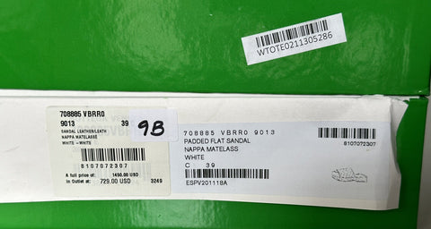 NIB $ 1450 Bottega Veneta Weiße gepolsterte Sandalen aus gestepptem Leder 9 US 708885 IT 