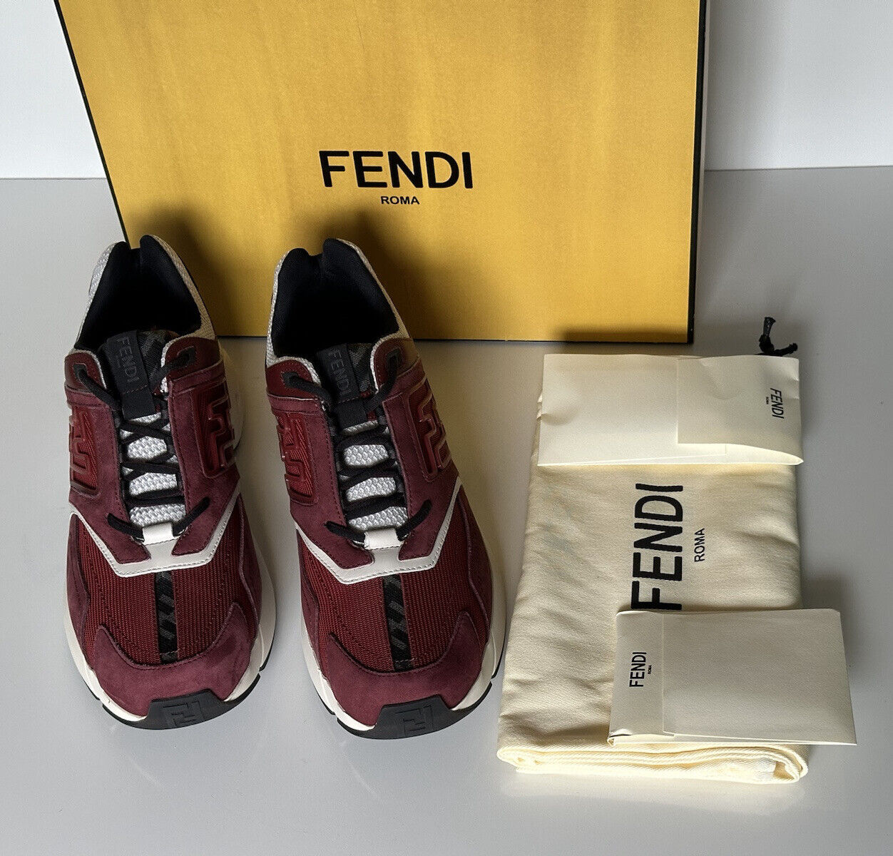 NIB $1100 Fendi FF Logo Fabric/Leather Burgundy Sneakers 11 US (44 Eu) 7E1555
