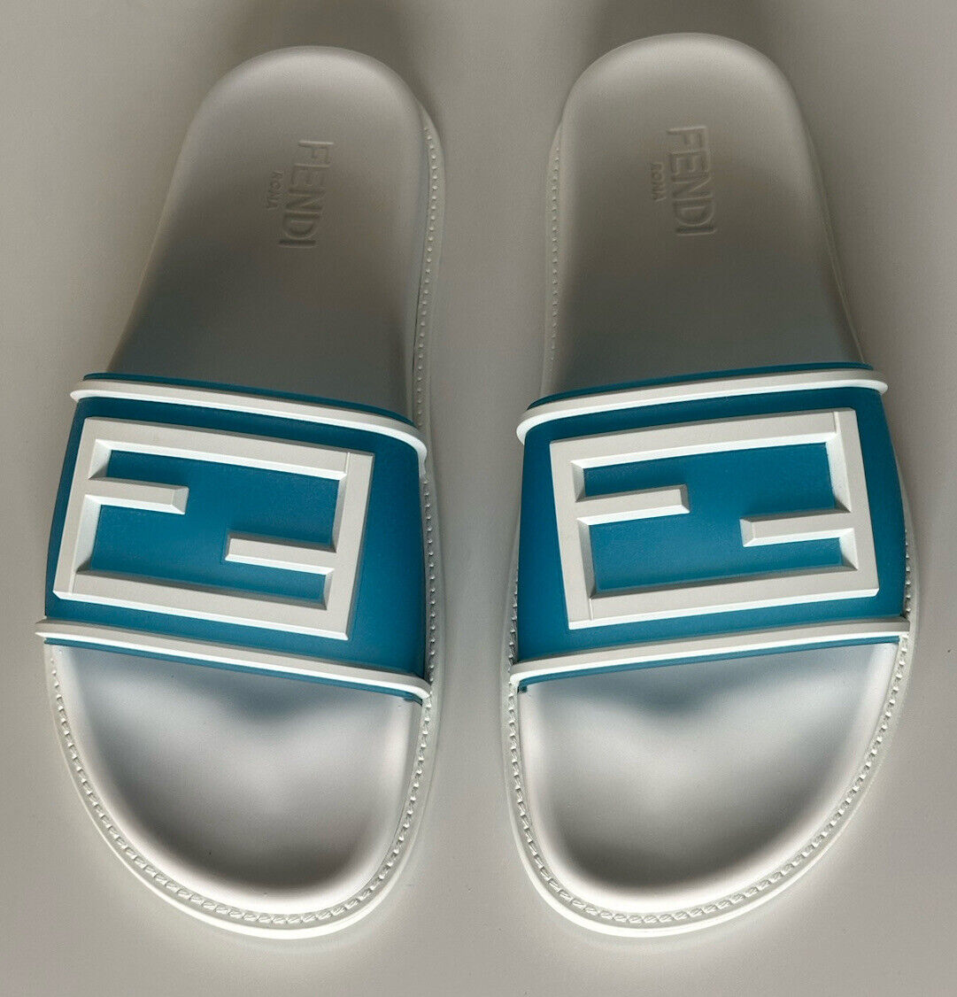 NIB $470 Fendi Men's FF Rubber Slide Sandals Cyber Blue 11 US/10 UK Italy 7X1522