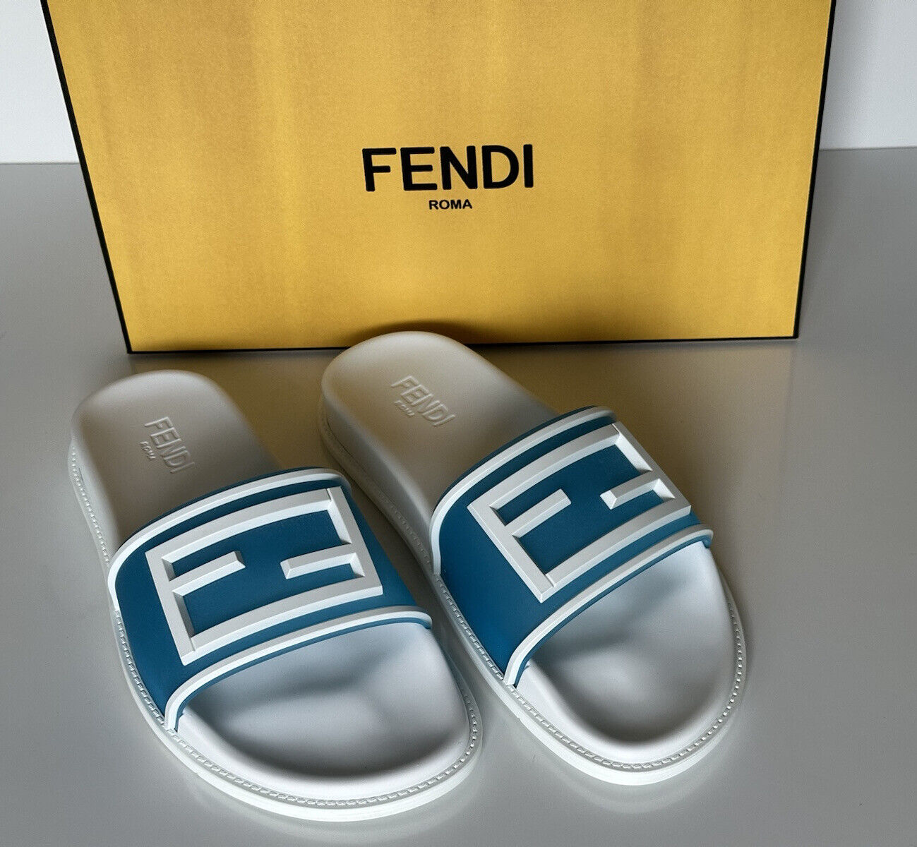 NIB $470 Fendi Men's FF Rubber Slide Sandals Cyber Blue 11 US/10 UK Italy 7X1522