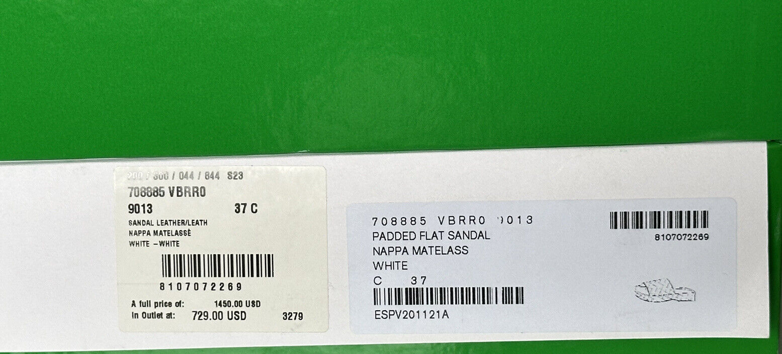 Белые кожаные стеганые сандалии Bottega Veneta 1450 долларов США 7 США 708885 IT