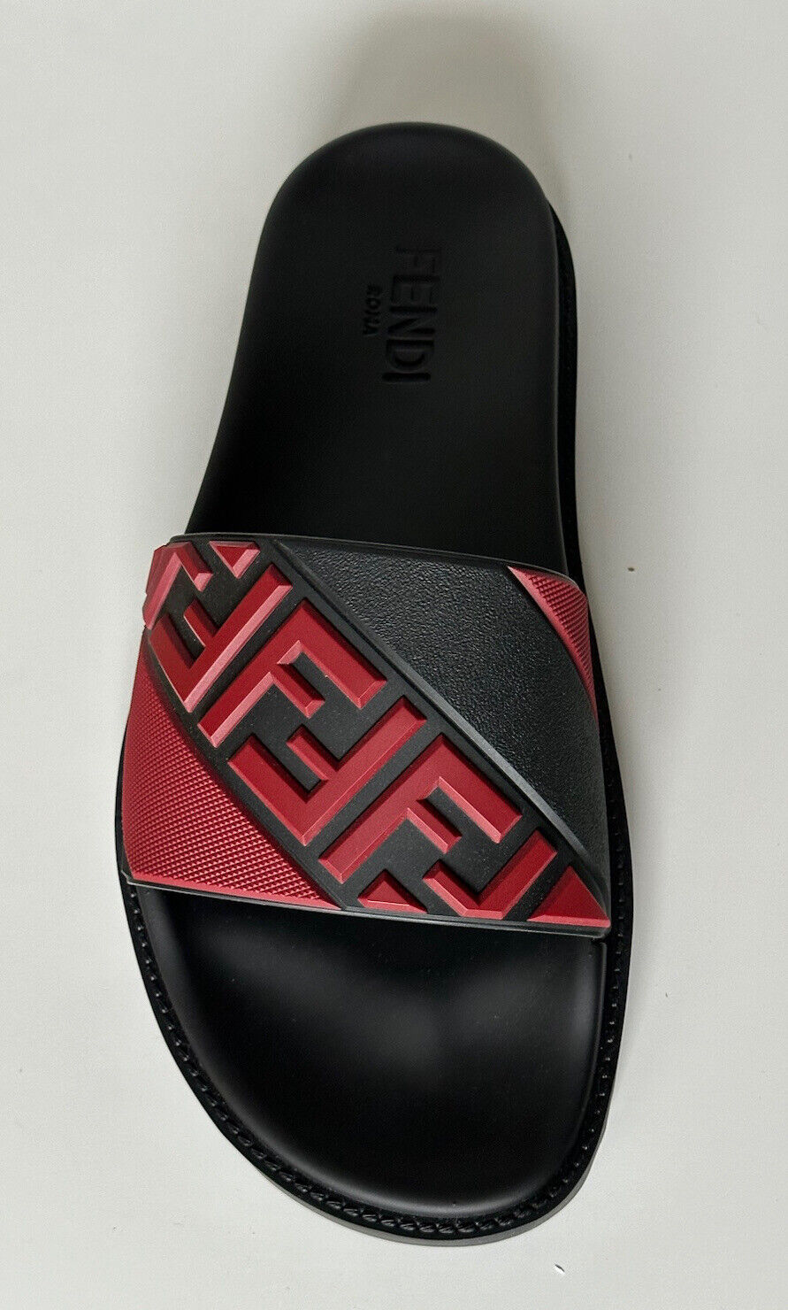 NIB 460 $ Fendi Herren FF Rubber Slide Sandalen Schwarz/Rot 12 US/11 UK 7X1377 Italien