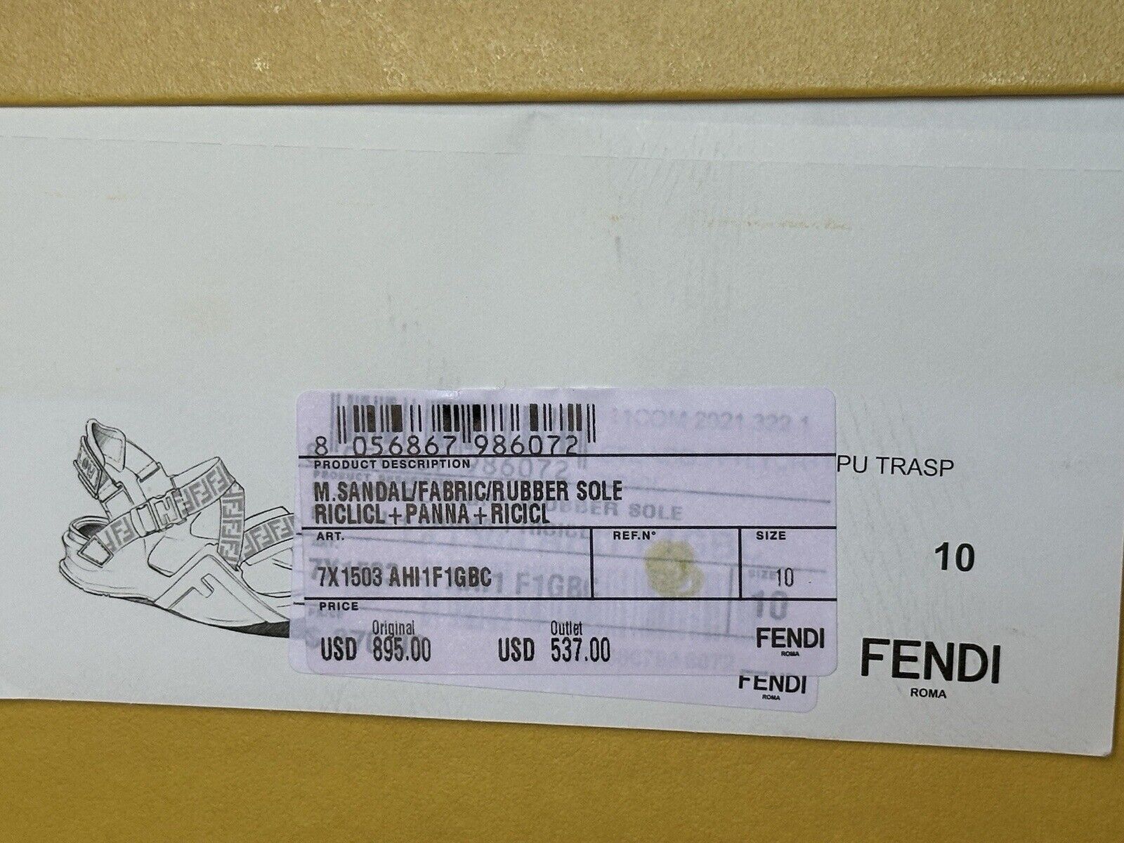 Мужские бежевые сандалии Fendi с ремешком FF 895 долларов США 11 США/ 10 Великобритания Италия 7X1503 