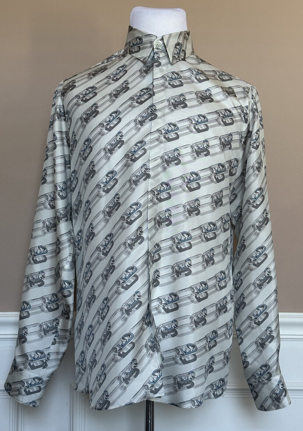 NWT $1450 Fendi Chain Print Silk Long Sleeve Dress Shirt 43 FS0585 IT