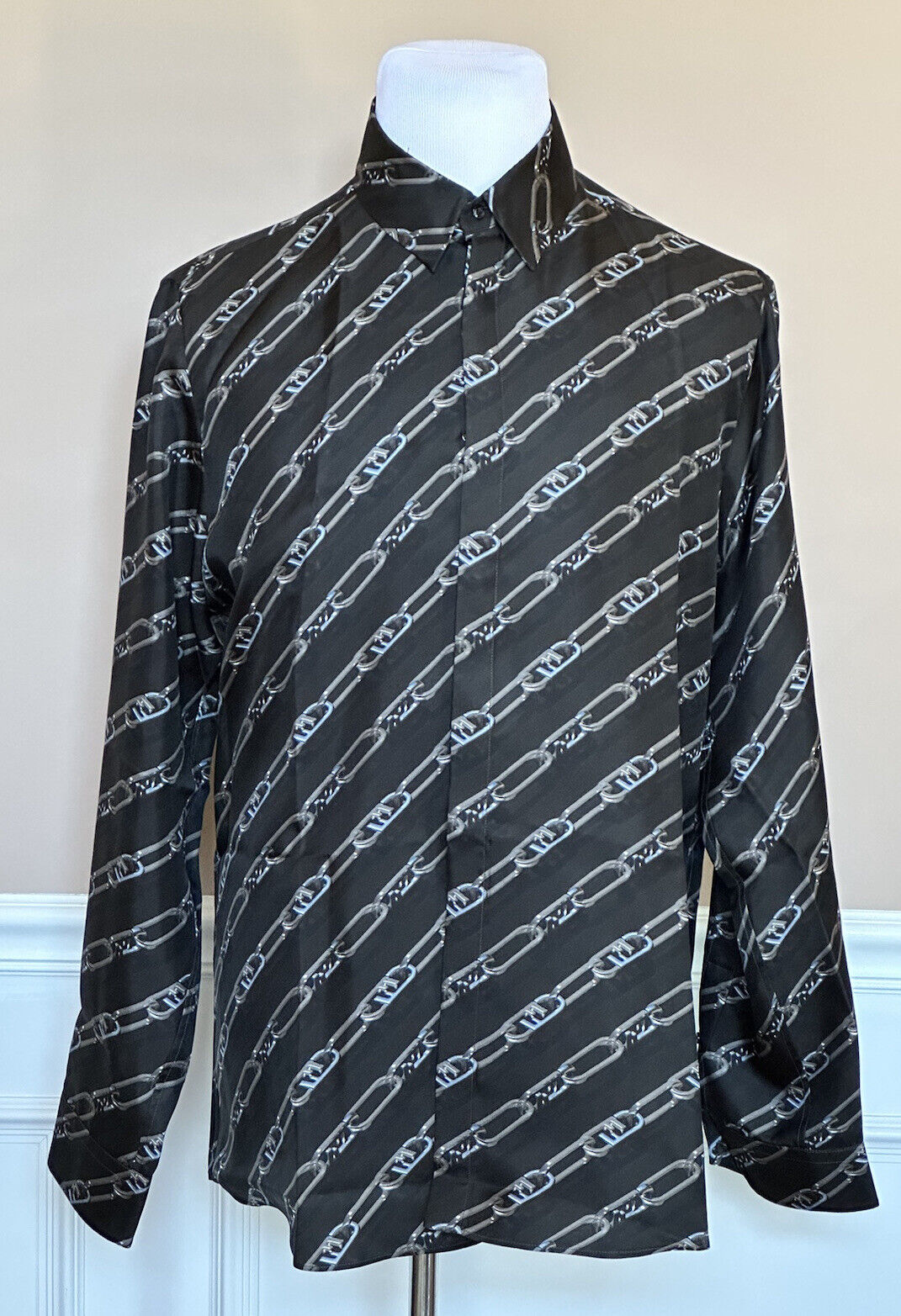 NWT $1390 Fendi Chain Print Silk Long Sleeve Dress Shirt Pewter 43 FS0585 IT