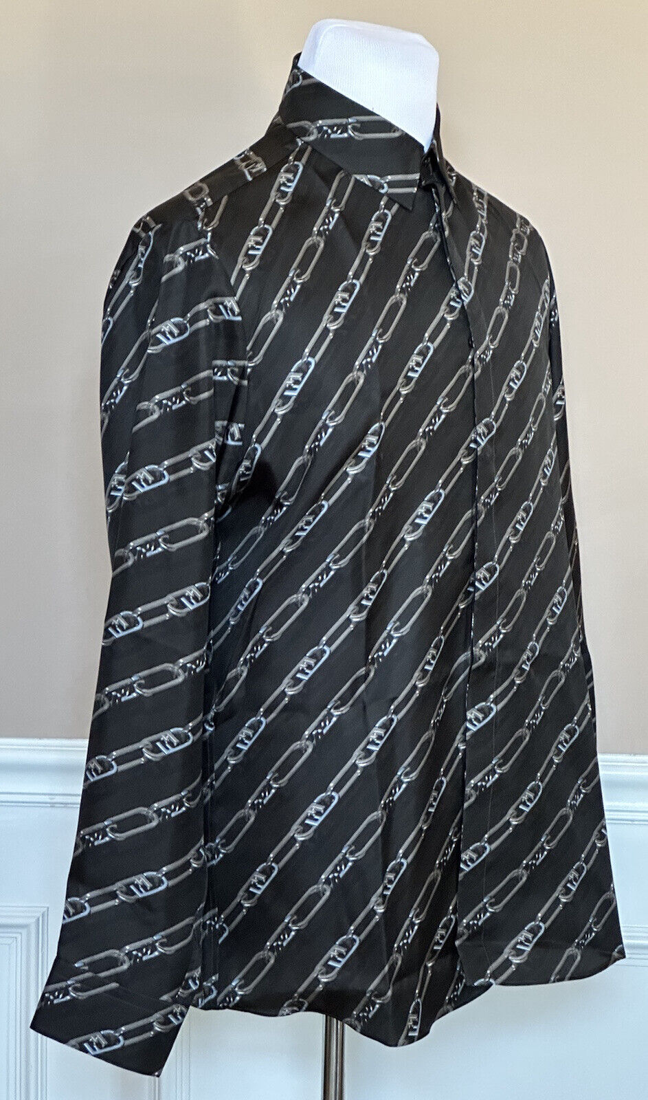NWT $1390 Fendi Chain Print Silk Long Sleeve Dress Shirt Pewter 43 FS0585 IT