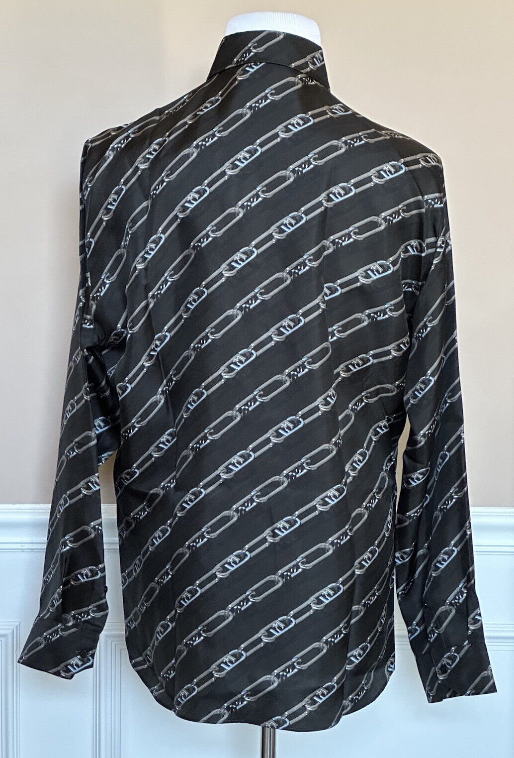 NWT $1390 Fendi Chain Print Silk Long Sleeve Dress Shirt Pewter 43 FS0585 IT