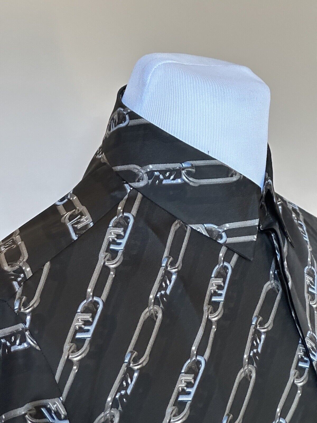 NWT $1390 Fendi Chain Print Silk Long Sleeve Dress Shirt Pewter 43 FS0585 IT