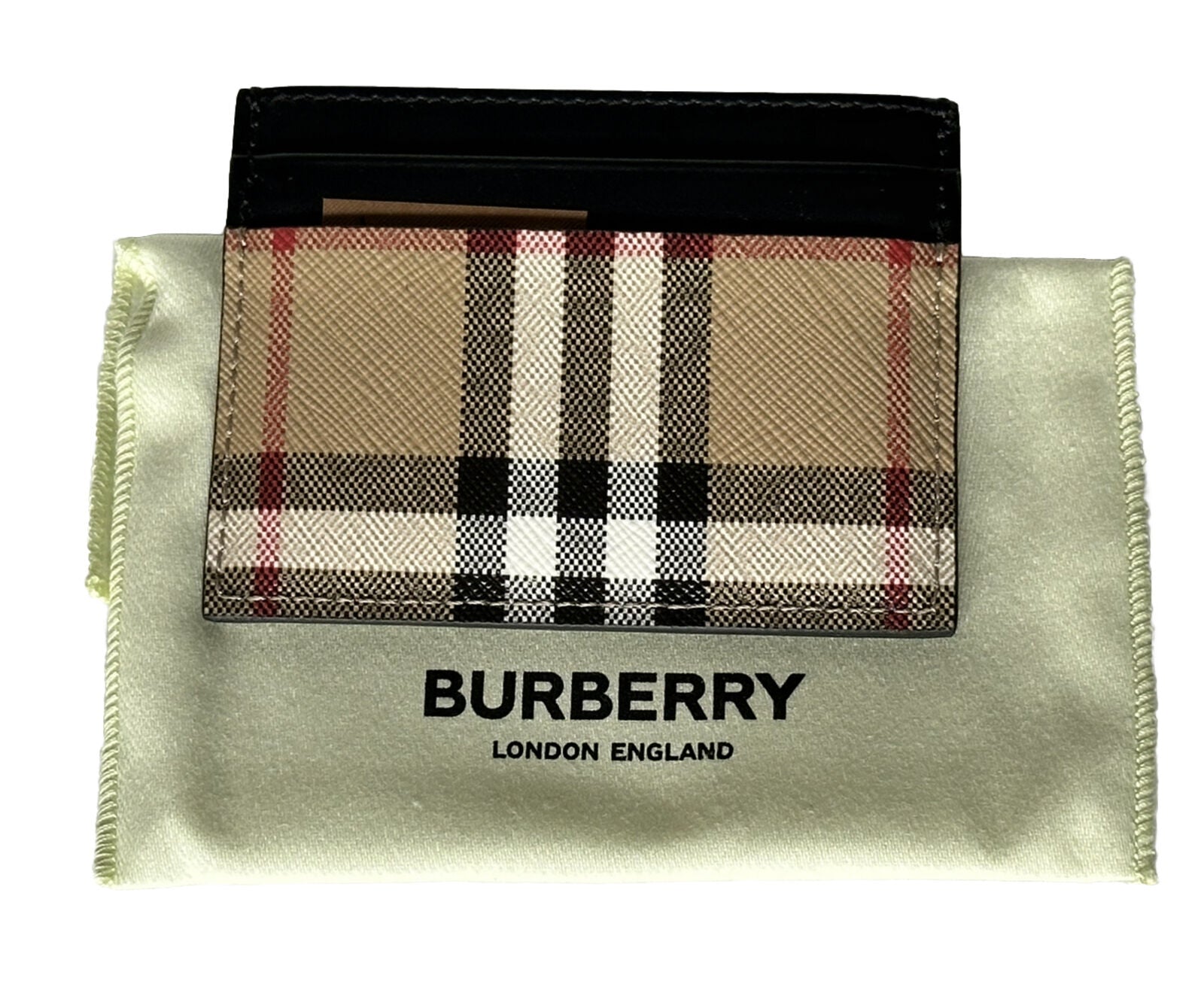 NWT $250 Burberry Vintage Check Archive Beige/Black Leather Card Case 80580111