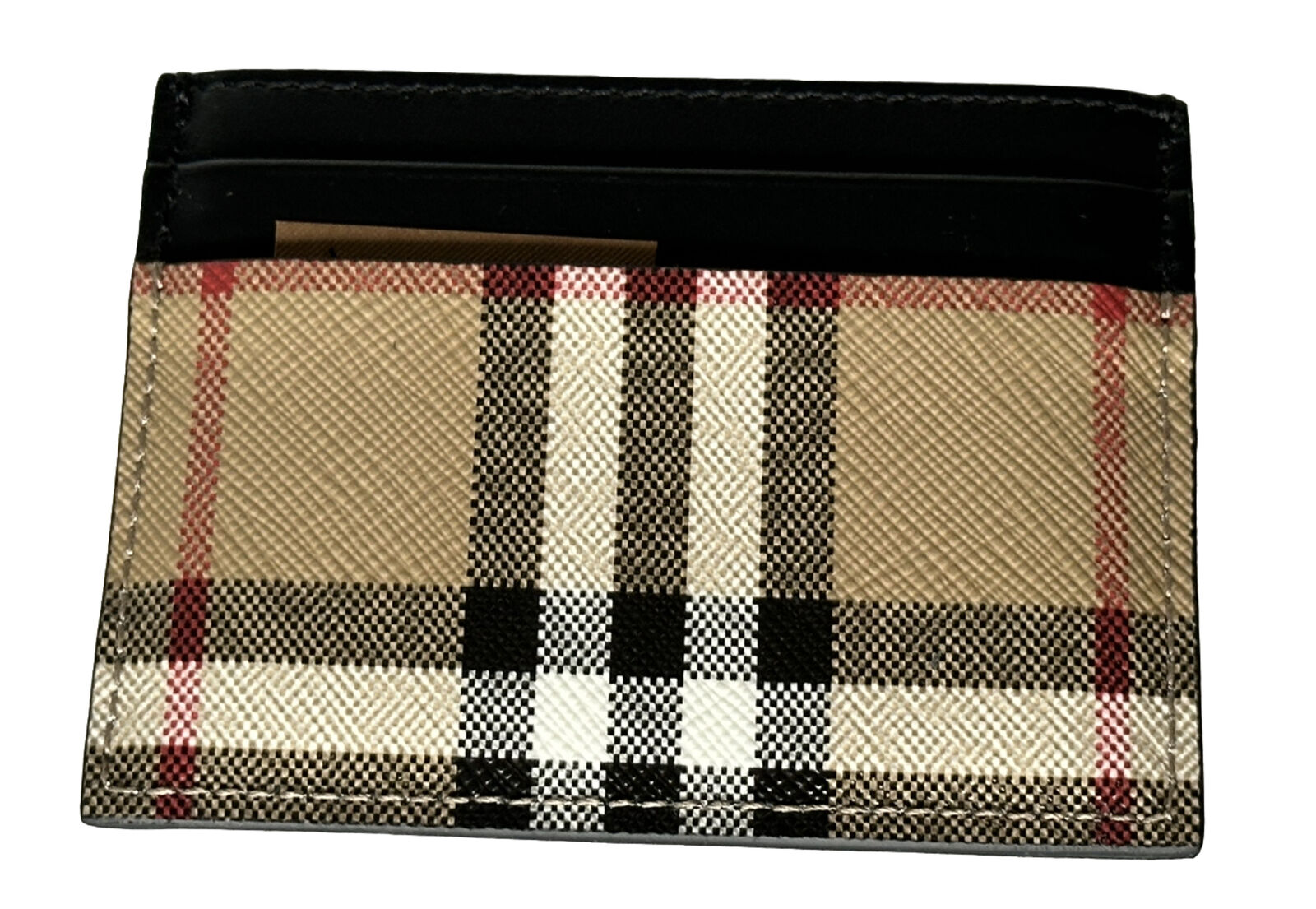 NWT $250 Burberry Vintage Check Archive Beige/Black Leather Card Case 80580111