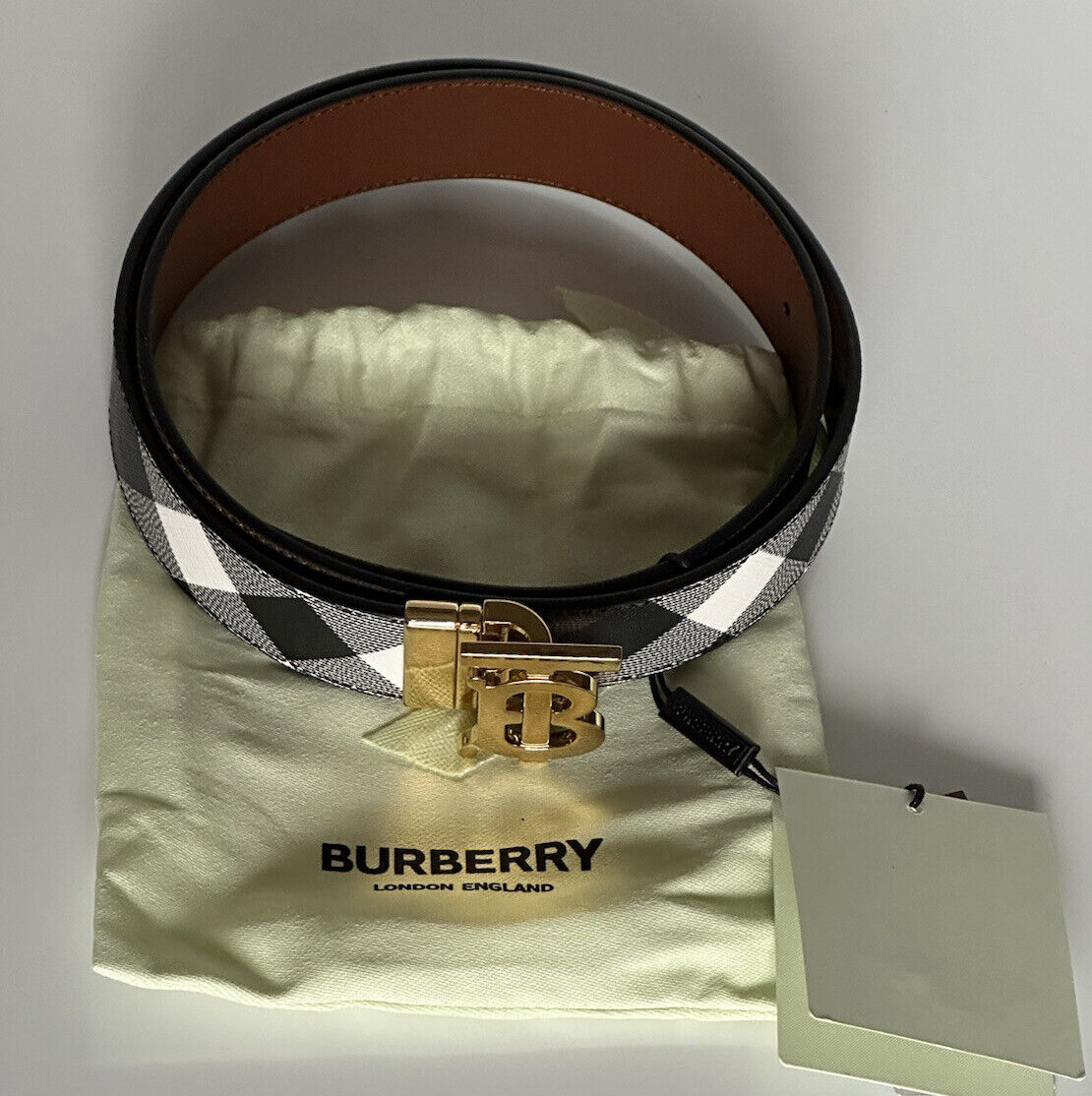 NWT $550 Двусторонний кожаный ремень Burberry TB цвета темной березы 36/90 8058348 Италия