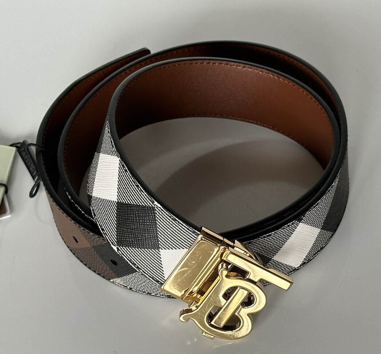 Neu mit Etikett: 550 $ Burberry TB Leder-Wendegürtel aus dunkler Birke 34/85 8058348 Italien