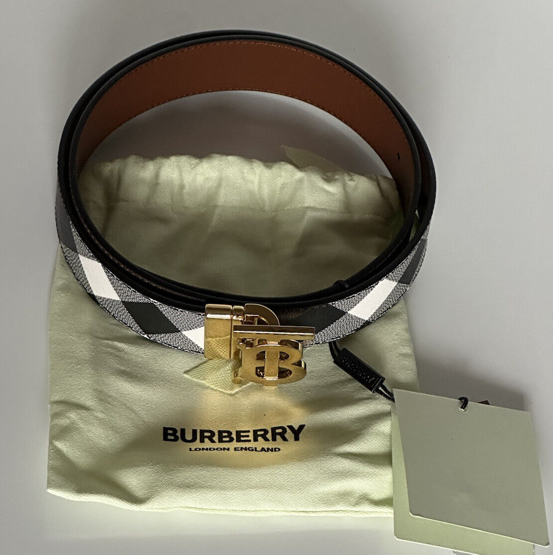 Neu mit Etikett: 550 $ Burberry TB Leder-Wendegürtel aus dunkler Birke 34/85 8058348 Italien