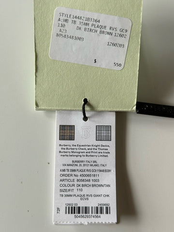 Neu mit Etikett: 550 $ Burberry TB Leder-Wendegürtel in dunkler Birke 44/110 8058348 Italien