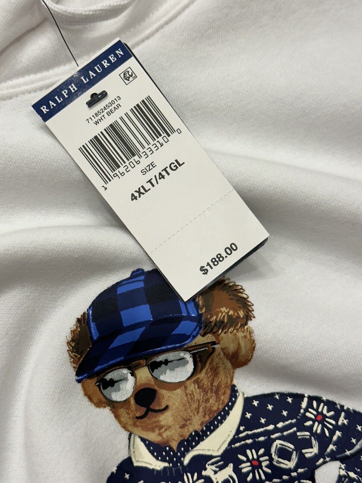 Neu mit Etikett: 188 $ Polo Ralph Lauren Bear Sweatshirt mit Kapuze Weiß 4XLT/4TGL