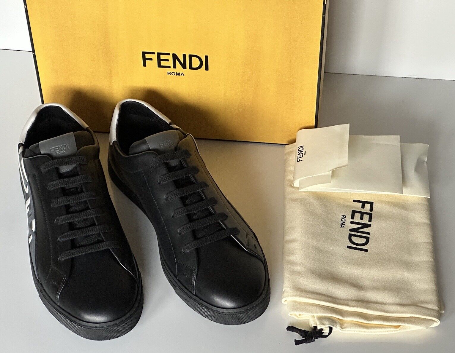 NIB $795 Fendi O’lock Leather Black Sneakers 12 US (45 Euro) 7E1562 Italy
