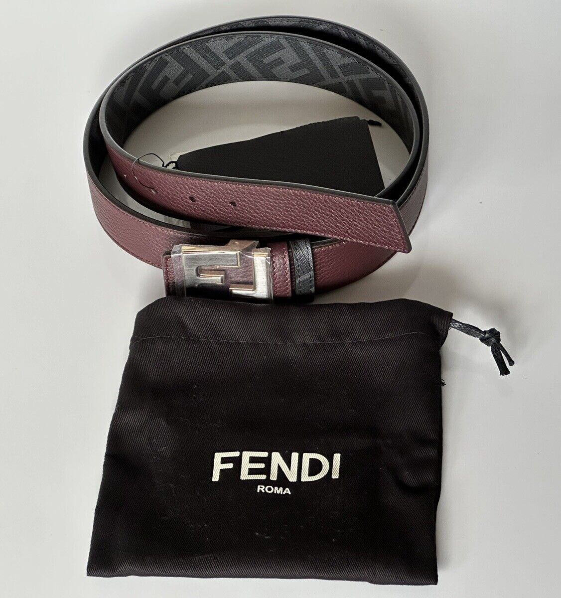 NWT $750 Fendi FF Calf Leather Granite/Black&Grey Reversible Belt 105/42 7C0480