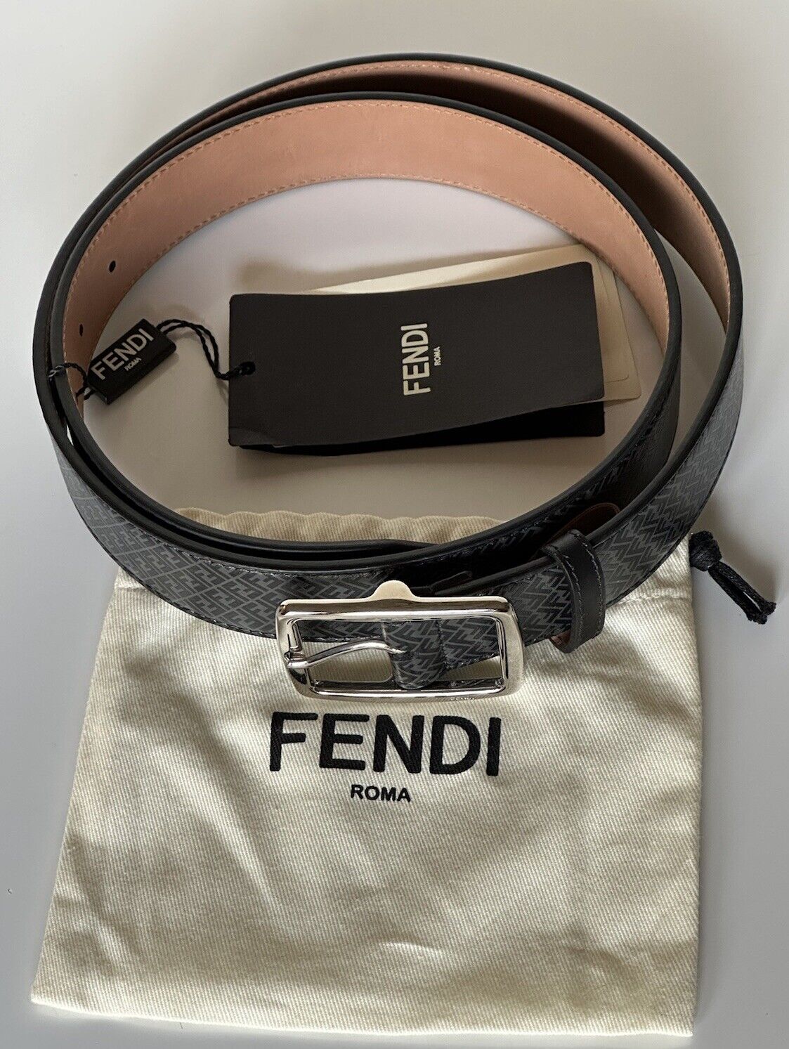 NWT $590 Fendi FF Logo Calf Leather Black/Grey Belt 110/44 Italy 7C0434