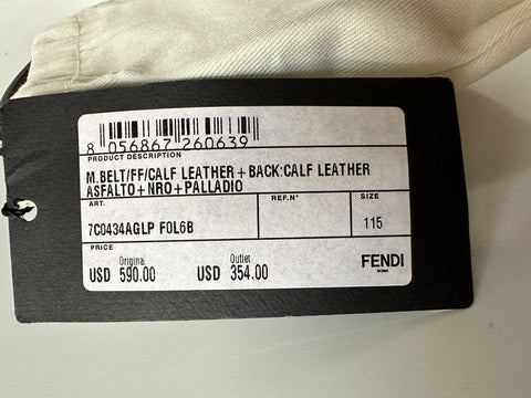 NWT $ 590 Fendi FF Logo Kalbsleder Schwarz/Grau Gürtel 115/46 Italien 7C0434 