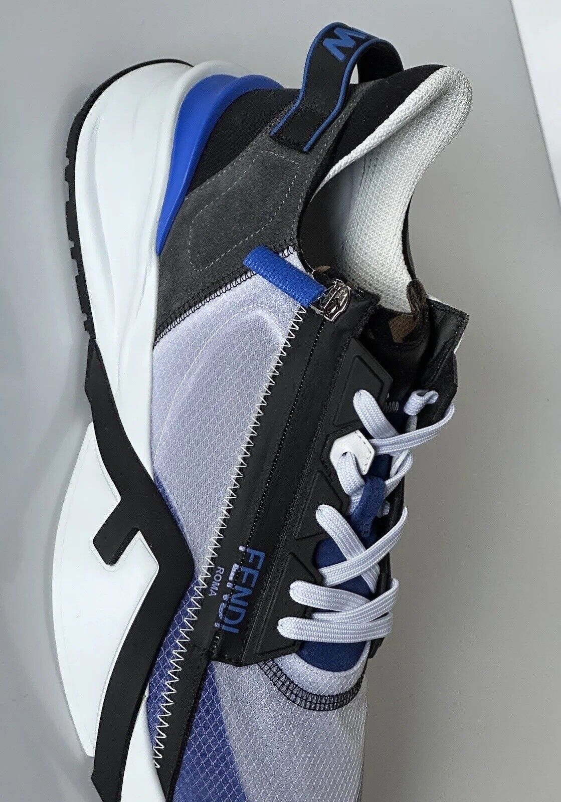 NIB $870 Fendi Flow Men's Leather/Fabric Sneakers Blue 12 US (45 Euro) 7E1392 IT