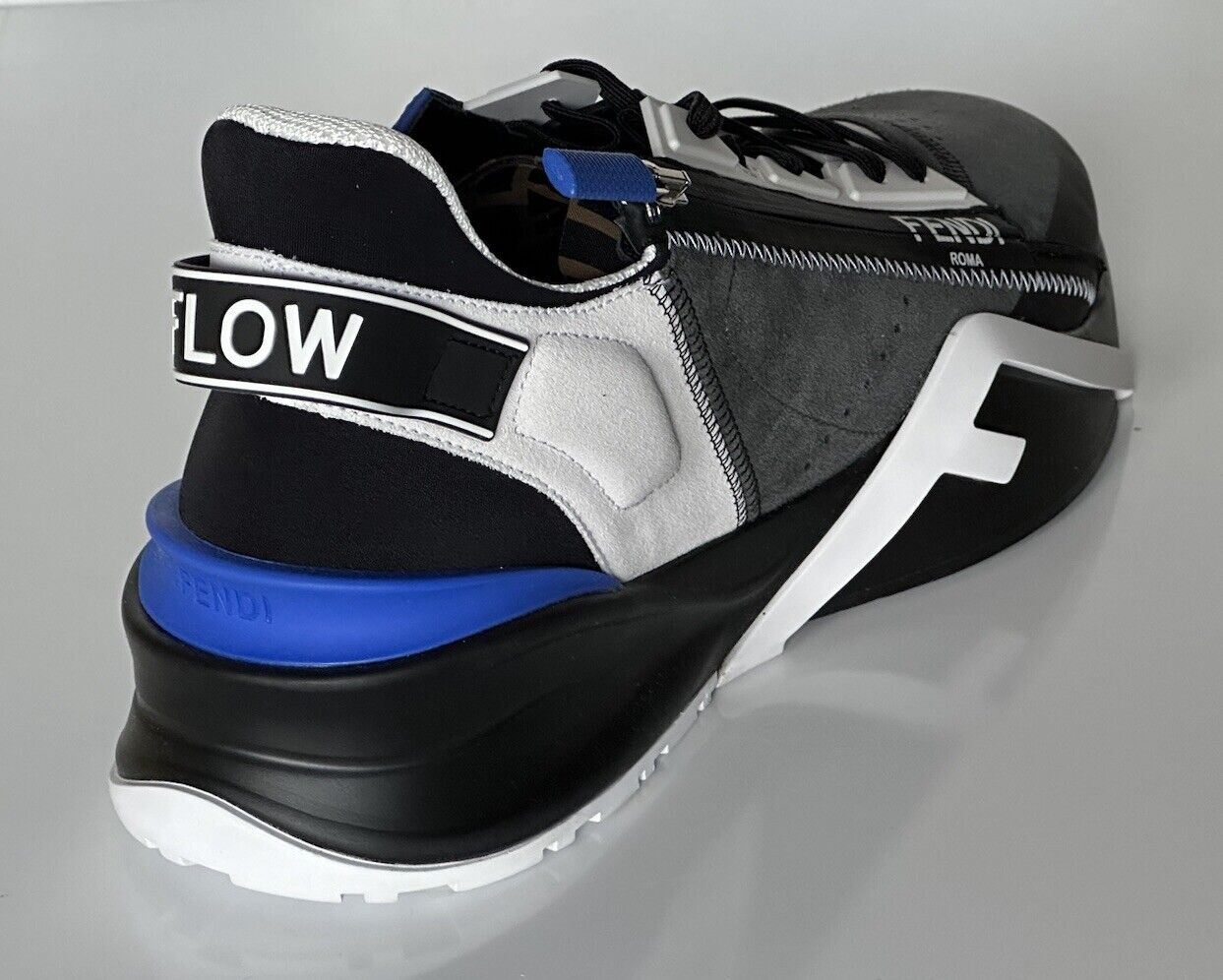 NIB 930 $ Fendi Flow Herren-Sneaker aus Leder/Stoff Schwarz/Blau 11 US (44) 7E1392