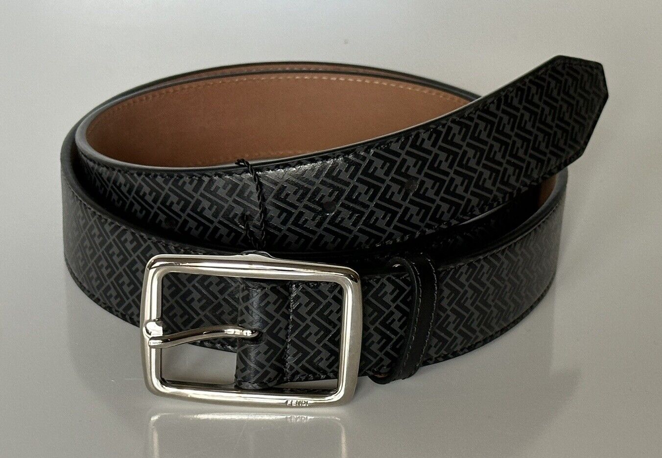NWT $590 Fendi FF Logo Calf Leather Black/Grey Belt 105/42 Italy 7C0434