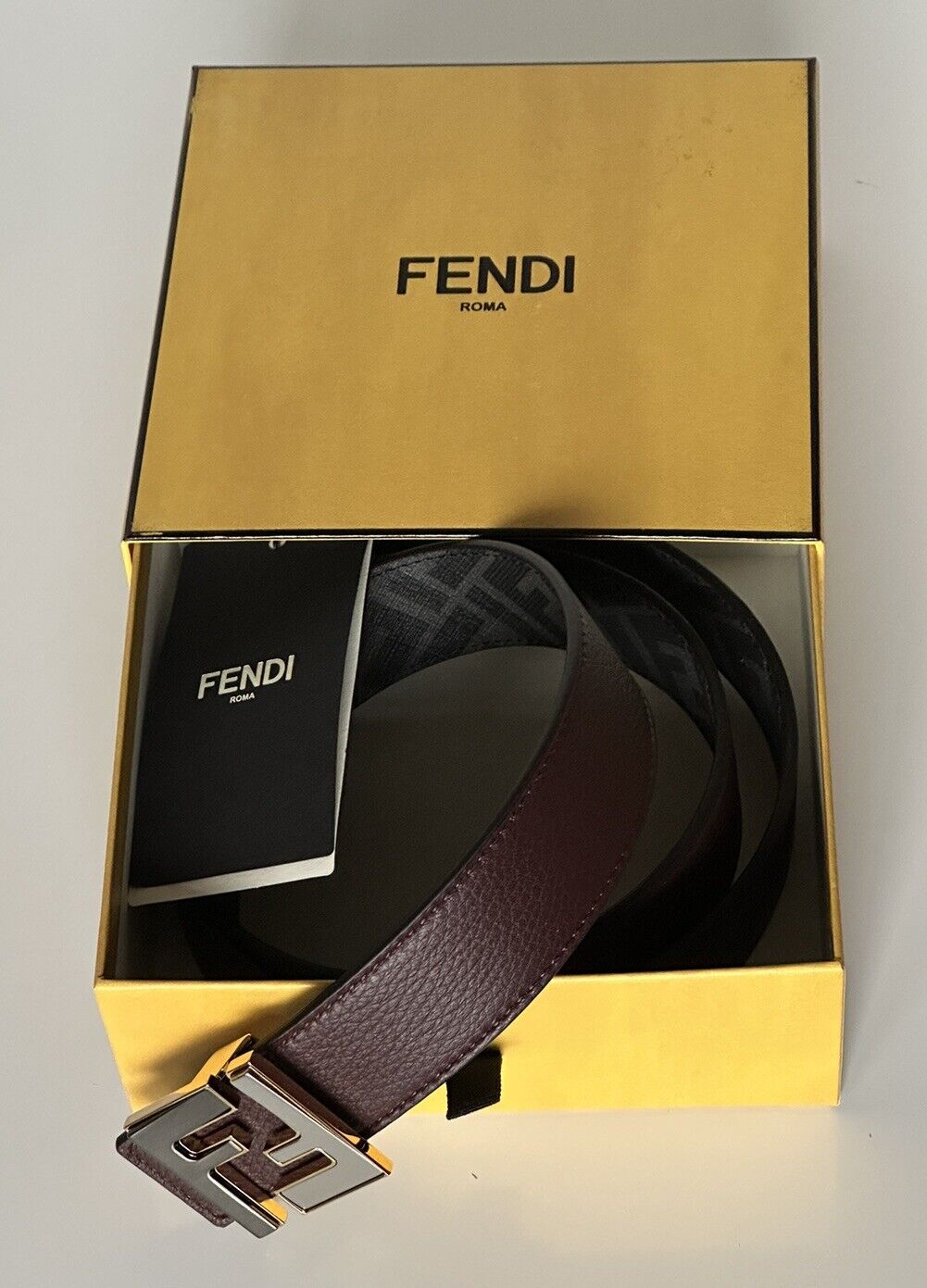 NIB $750 Fendi FF Calf Leather Granite/Black&Grey Reversible Belt 110/44 7C0480