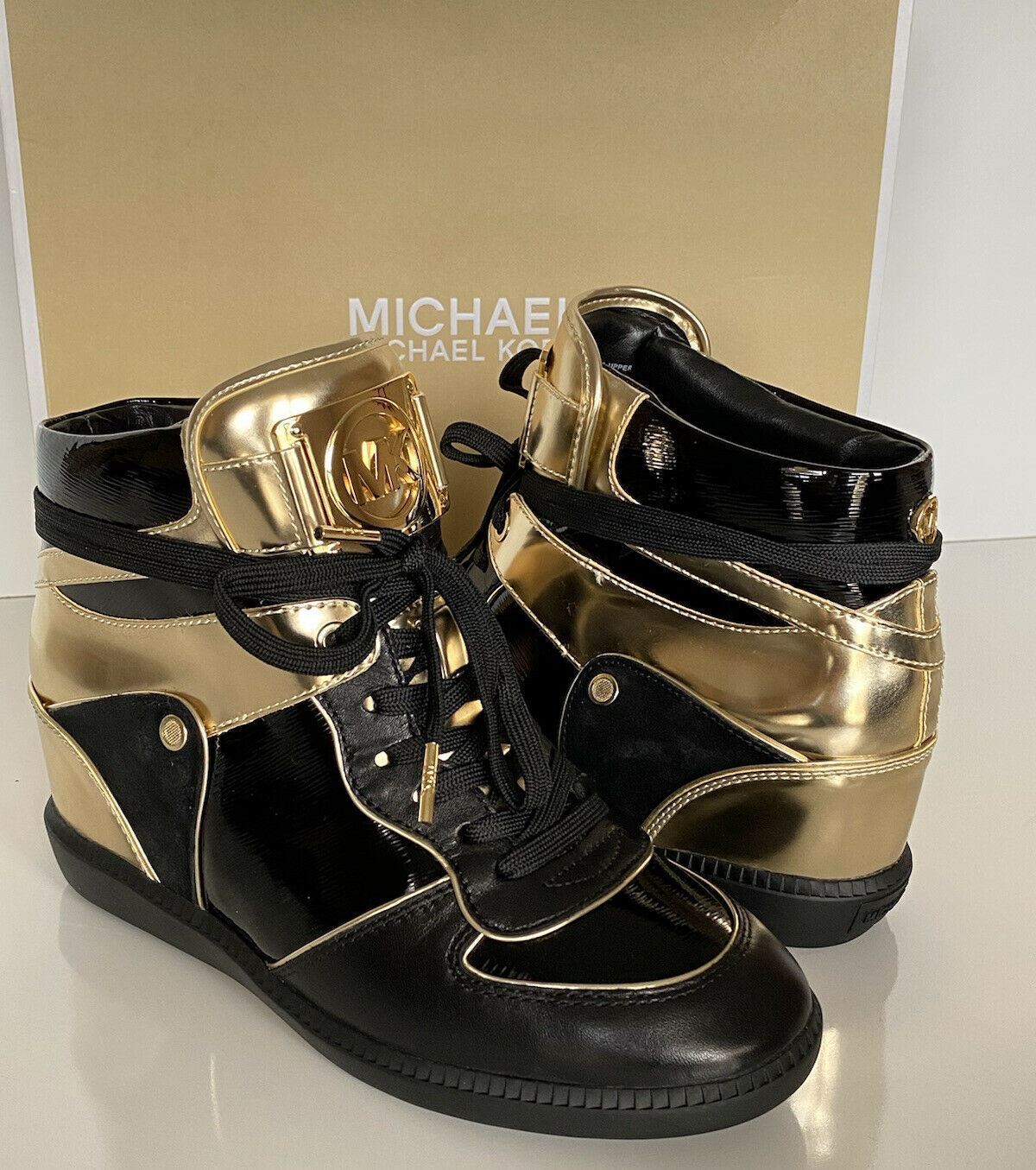 NWB Michael Kors Nikko High Top Sneakers Black Gold Size 8 US