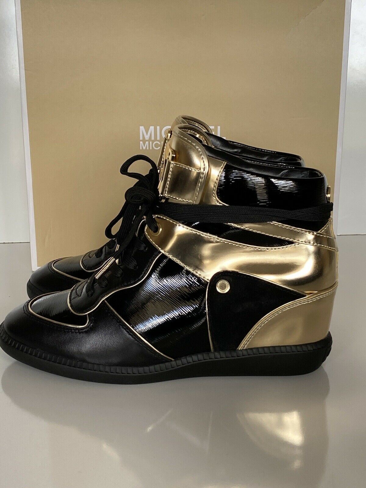 NWB Michael Kors Nikko High Top Sneakers Black Gold Size 8 US