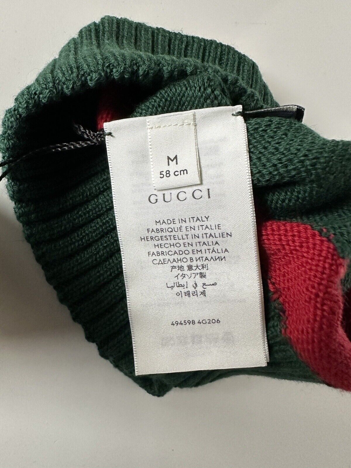 Шапка-бини NWT Gucci Knit Wool Зелено-красная, средняя (58 см), производство Италия 494598 