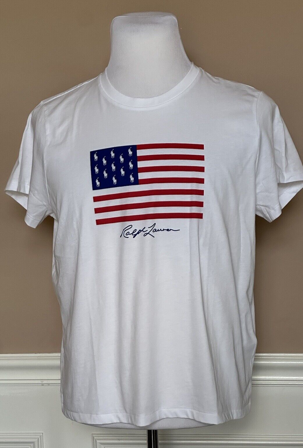 Neu mit Etikett: 78 $ Polo Ralph Lauren USA Flag Weißes Kurzarm-T-Shirt-Oberteil Large