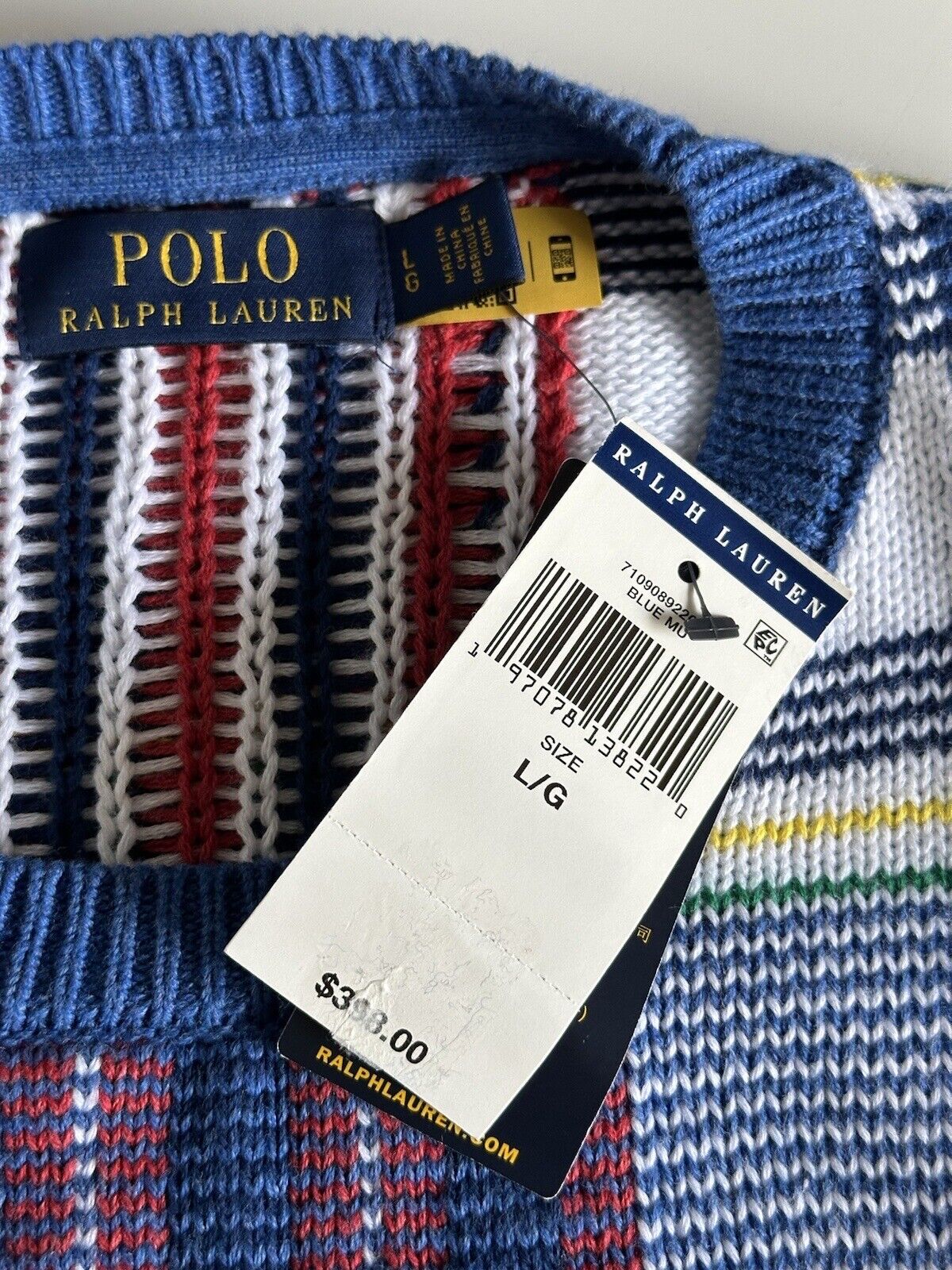 Neu mit Etikett: 398 US-Dollar Polo Ralph Lauren Strick-Baumwollpullover für Herren, mehrfarbig, Größe L 