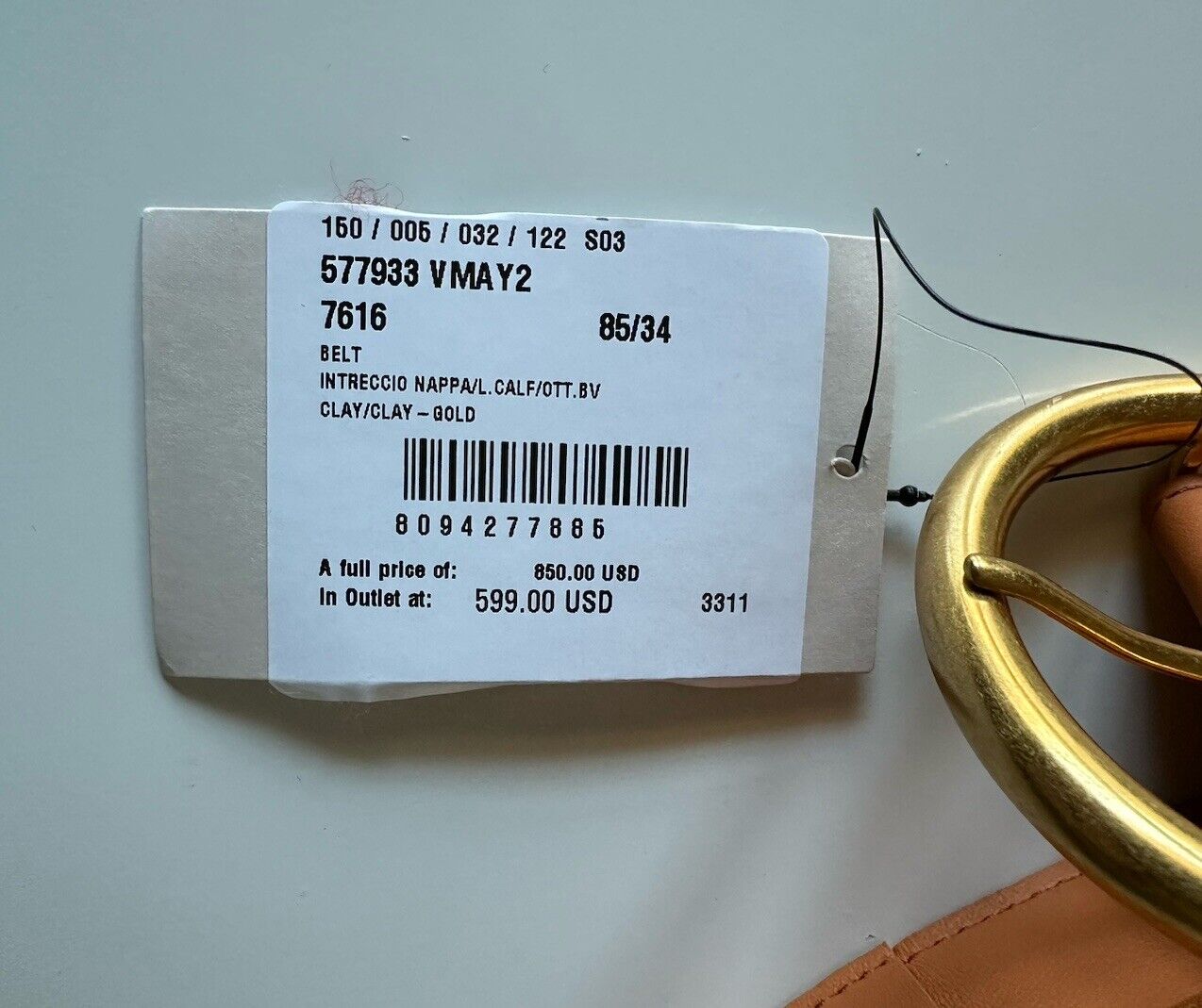 NWT $850 Bottega Veneta Intrecciato Nappa Leather Clay Belt 34/85 IT 577933