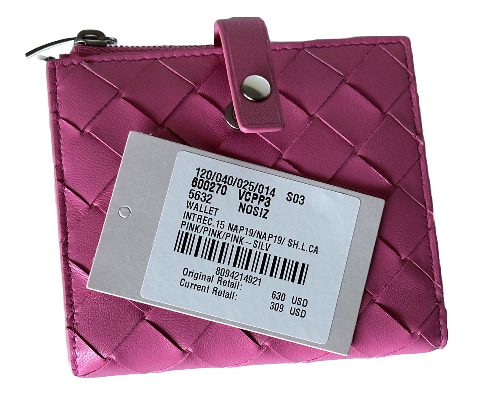 Neu mit Etikett: 630 $ Bottega Veneta Intrecciato Nappaleder-Geldbörse mit Reißverschluss, Pink IT 600270 