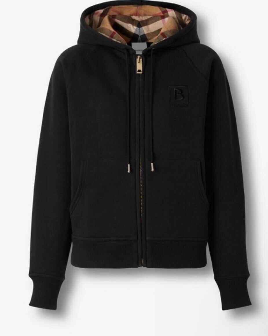 NWT $920 Burberry Check Hoodie Cotton Zip Up Jacket Black Large (Fits M) 8061554