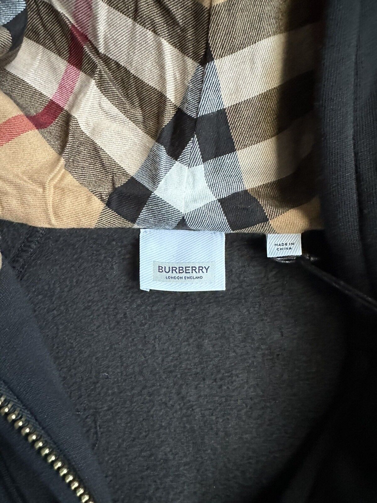 NWT $920 Burberry Check Hoodie Cotton Zip Up Jacket Black Large (Fits M) 8061554