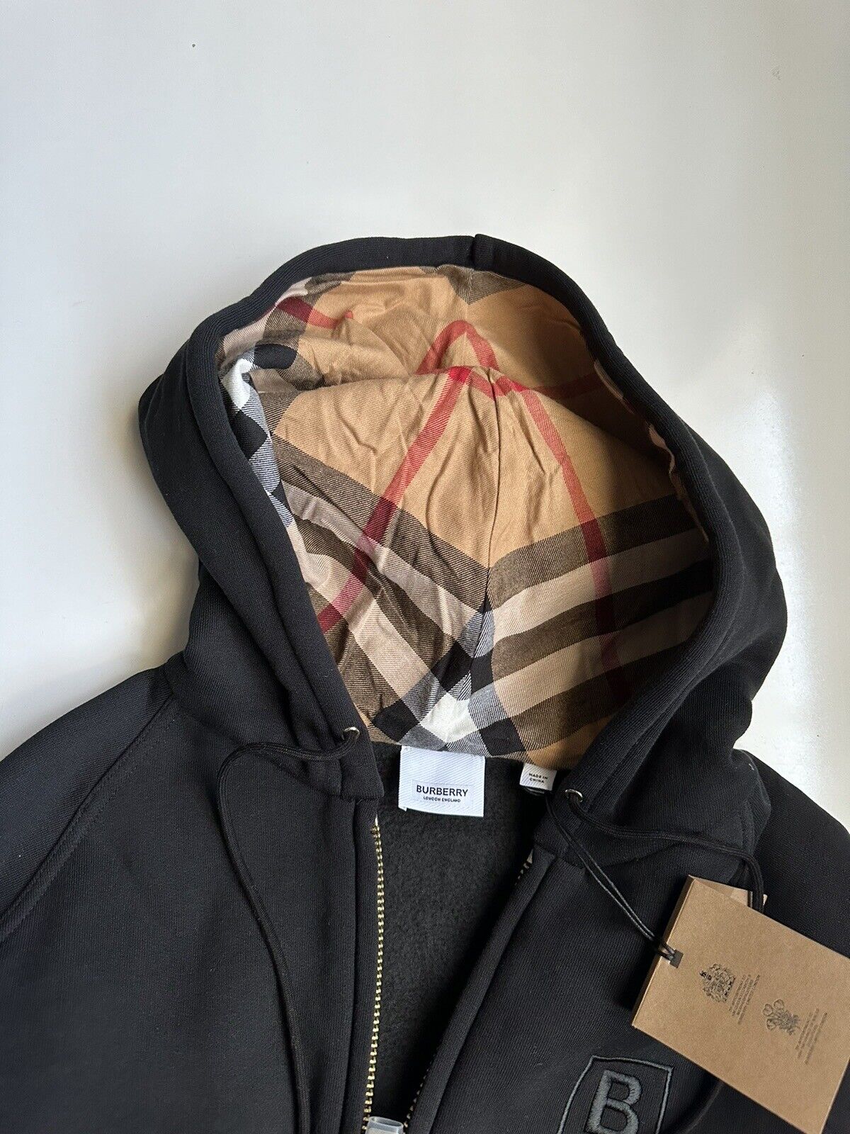 NWT $920 Burberry Check Hoodie Cotton Zip Up Jacket Black Large (Fits M) 8061554