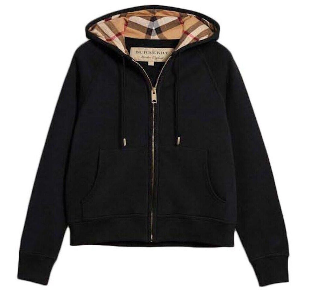 NWT $920 Burberry Check Hoodie Cotton Zip Up Jacket Black Large