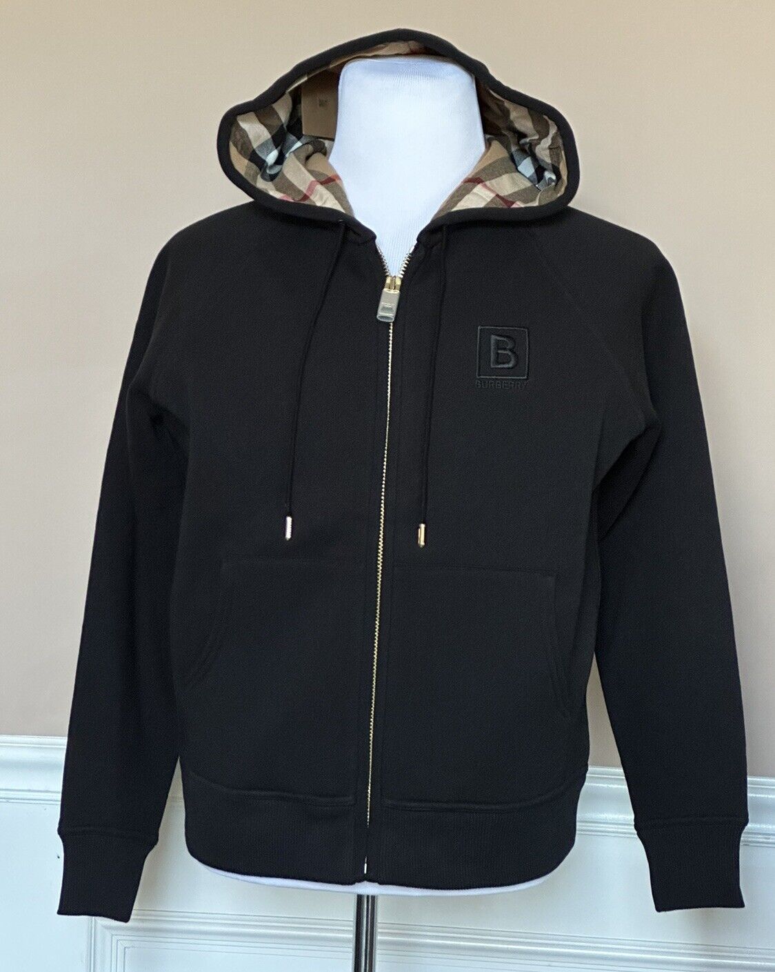 NWT $920 Burberry Check Hoodie Cotton Zip Up Jacket Black Large (Fits M) 8061554