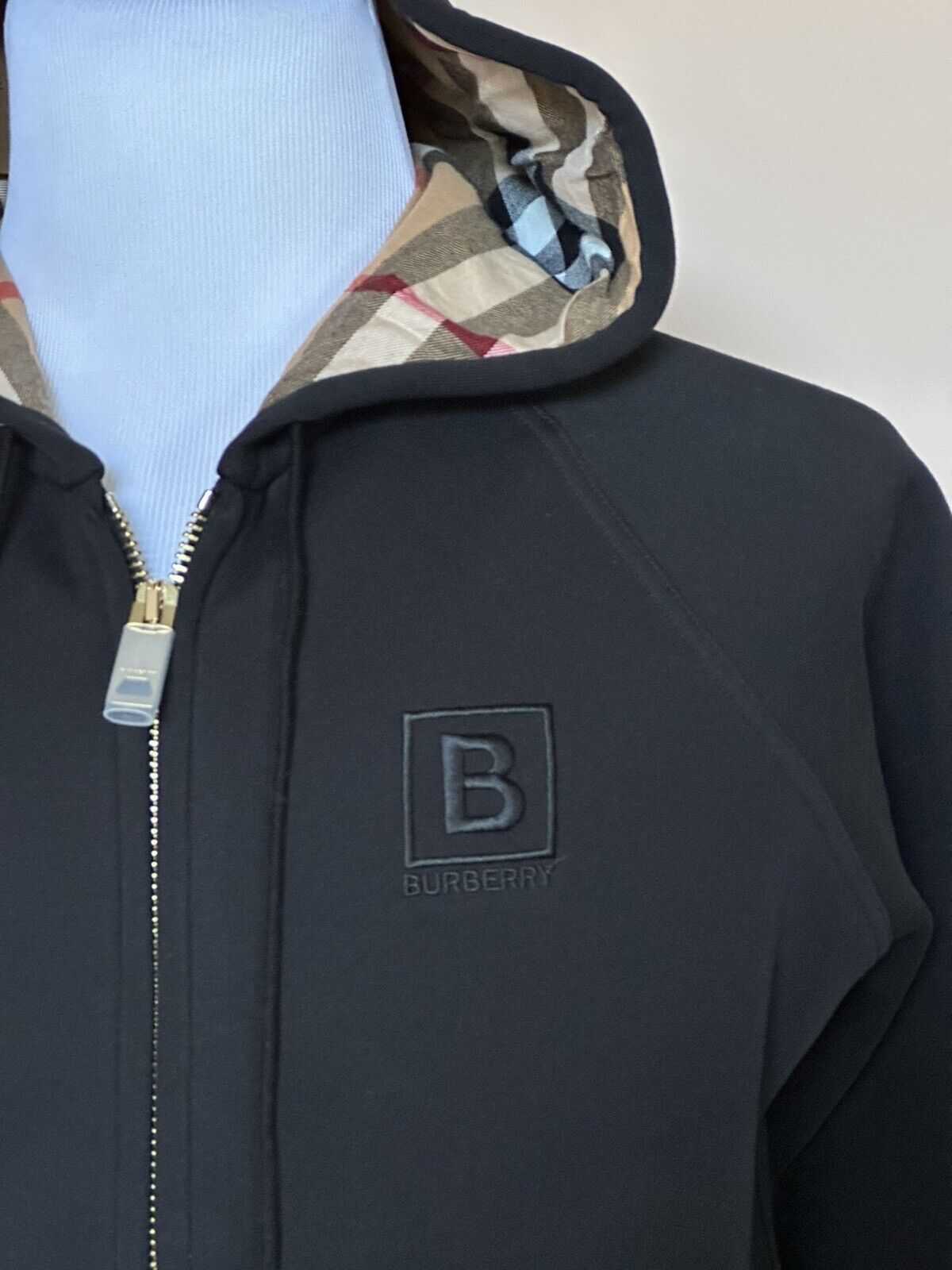 NWT $920 Burberry Check Hoodie Cotton Zip Up Jacket Black Large (Fits M) 8061554