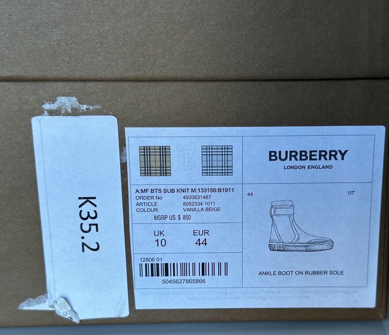 Мужские высокие кеды Burberry Vanilla Beige за 850 долларов США 11 США (44 ЕС) 8052334 IT 