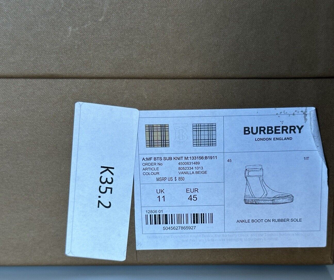 NIB 850 $ Burberry Vanilla Beige High-Top-Sneaker für Herren 12 US (45 Eu) 8052334 IT 