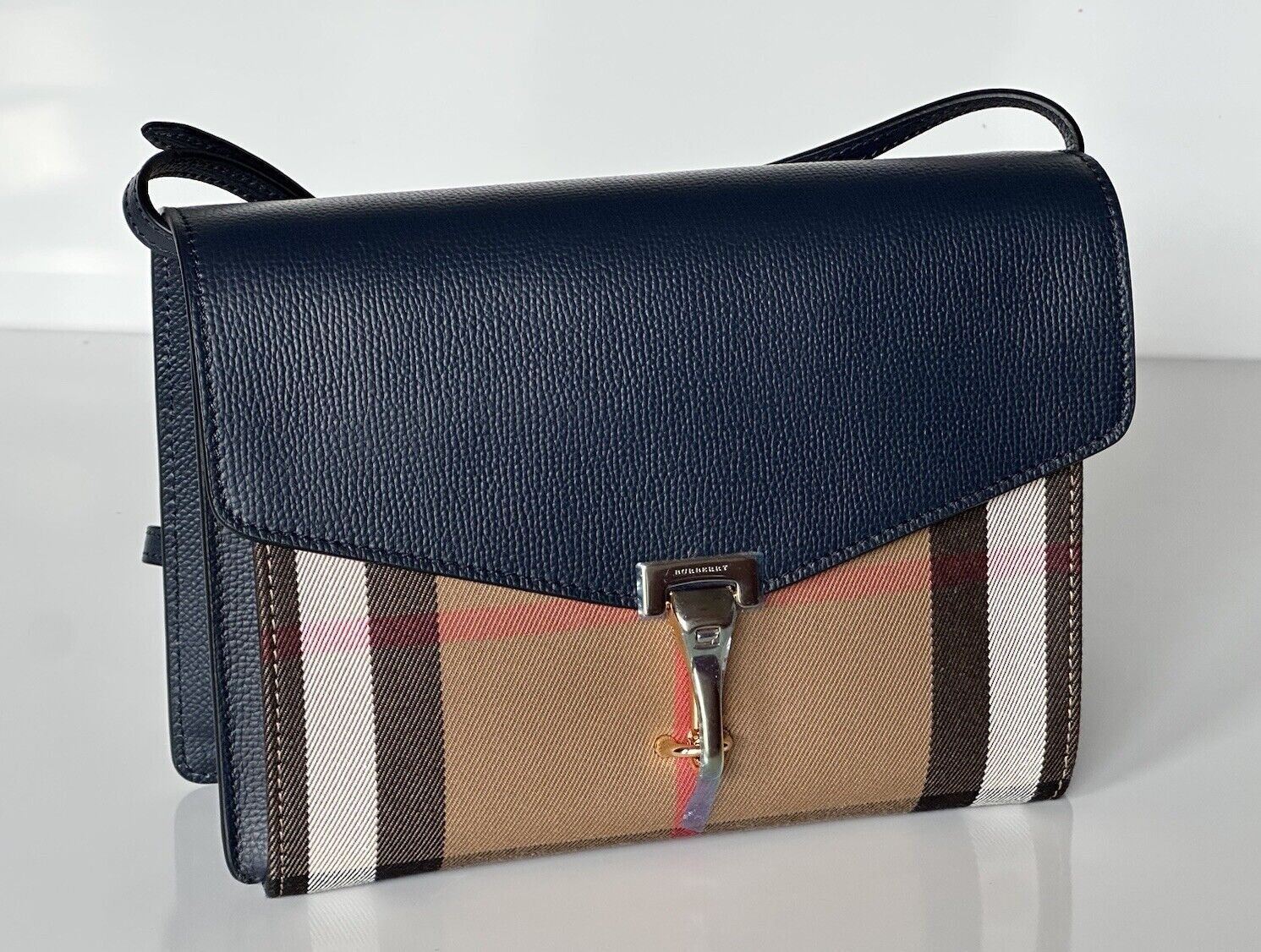 NWT Burberry Small Macken House Check Derby Leather Cross Body Bag Blue 39972051